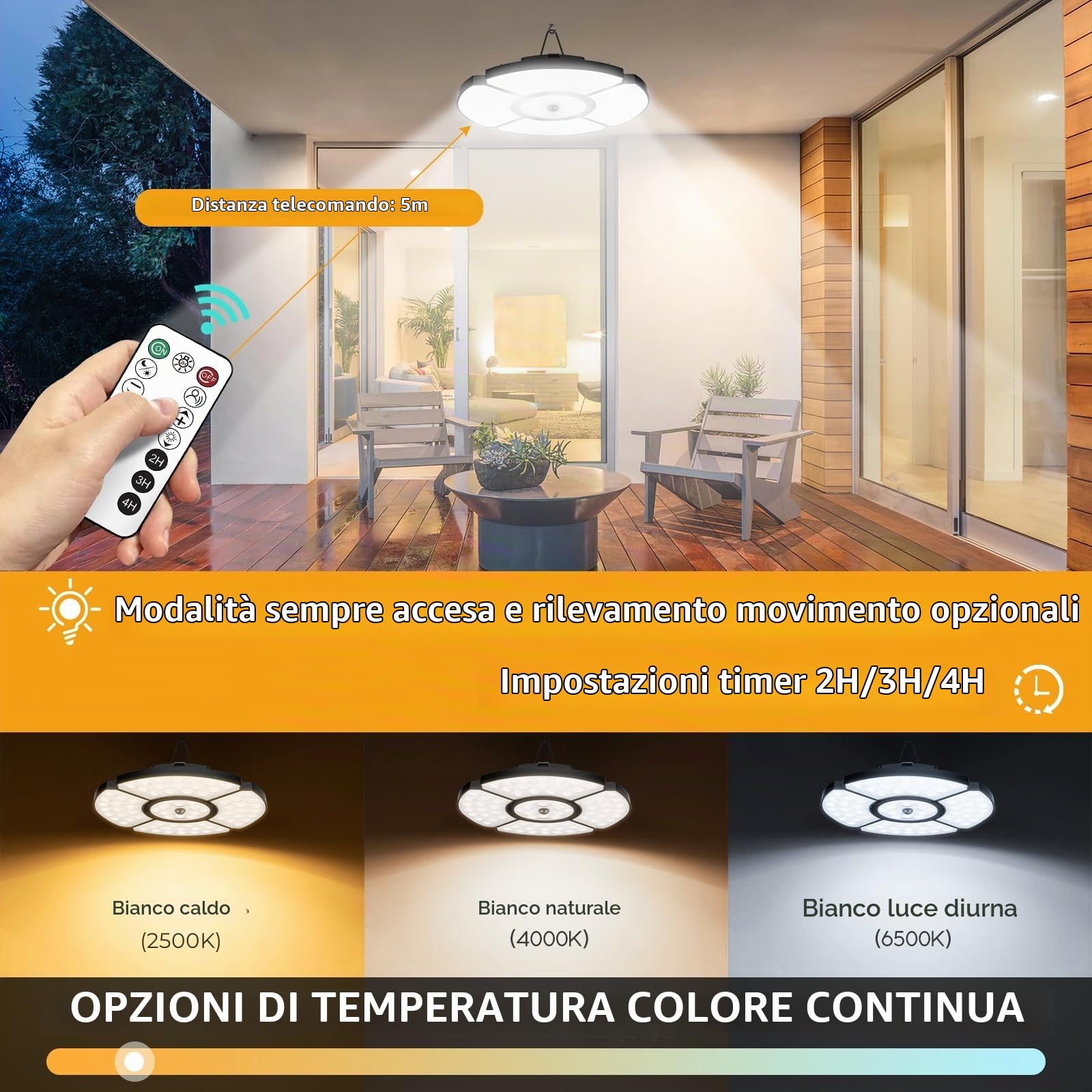 MEIKEE Luce Solare con Sensore di Movimento, Lampade LED Solare Sospensione con Telecomando, Impermeabile IP65, Luce Calda Fredda Regolabile, 6 Luminosità, Cavo da 5m, per Casa, Gazebo, Garage