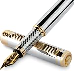 Stylo Plume Scriveiner Argent Chrome – Stylo de Luxe avec Nib Moyen Précis Allemand Schmidt, Détails Plaqués Or, Construction Équilibrée, Ensemble Cadeau d'Écriture Exécutif Ultra Fluide