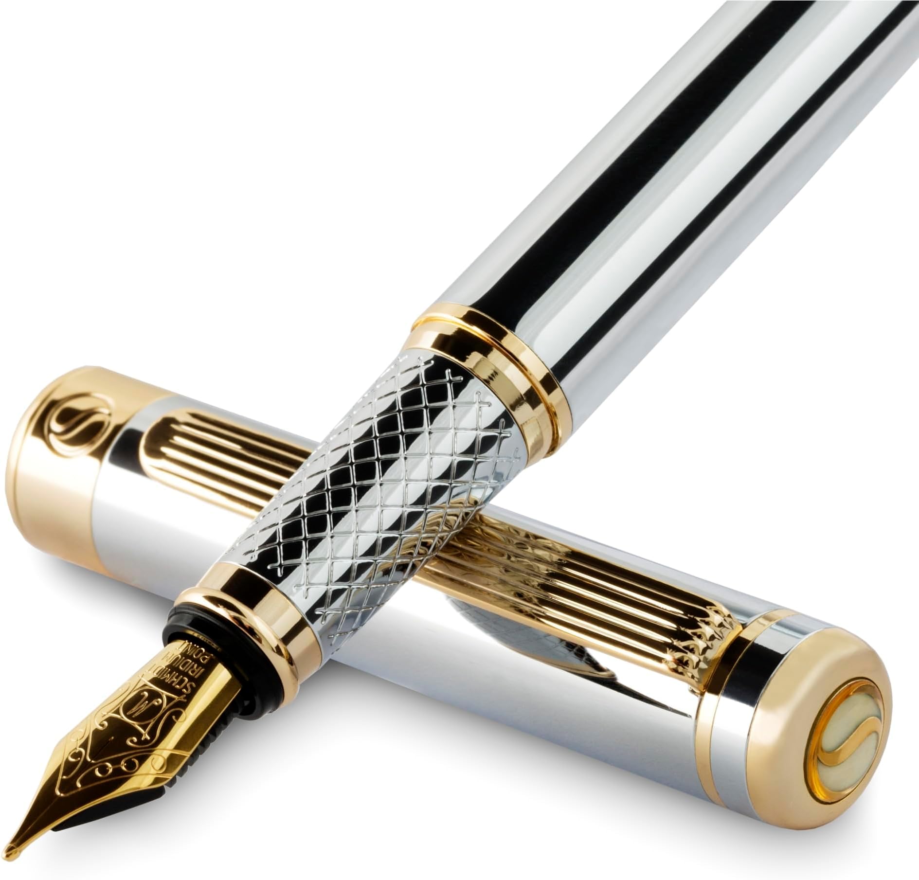 Scriveiner Silver Chrome Fountain Pen - Stunning Luxury Pen, Real Gold Plating, Schmidt Gilded Nib (Medium), Best Pen Gift Set for Men & Women, Professional, Executive Office, Nice Designer Pens