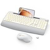 JOYACCESS Ergonomic Wireless Keyboard with Phone Holder,Rechargeable Backlt Wireless Keyboard Mouse Combo with Light Up Keys for for Laptop, PC, Mac, Windows-Silver White