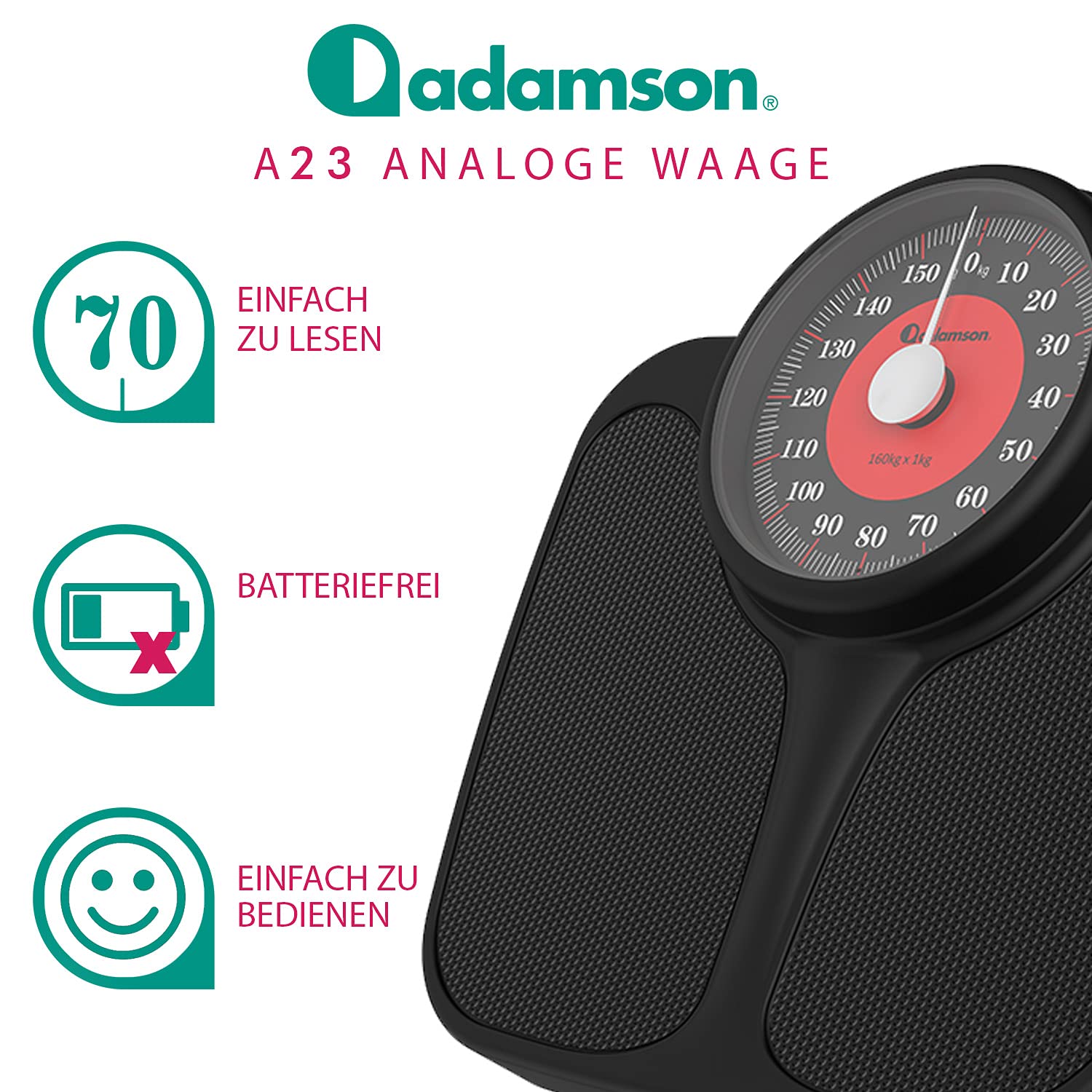 Adamson A23 Waage Für Körpergewicht – Bis Zu 160 KG – ÜBergroße XL-Waage 36X35cm – Rutschfeste Gummioberfläche, Extra Große Zahlen – Hochpräzise Analoge Personenwaage –Langlebig Mit 20 Jahren Garantie
