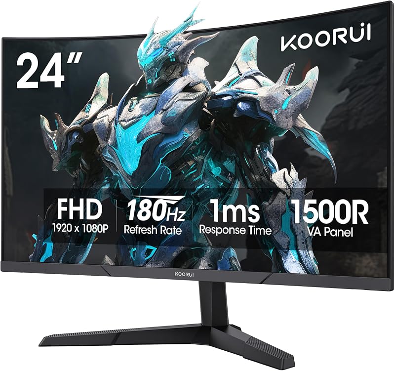 24 inch Curved Gaming Monitor 180Hz FHD 1080P, 1ms 1500R Display | Adaptive Sync, 99% sRGB, HDMI×2 and DisplayPort, Eye Care, VESA, Tilt, FPS & Console Gaming, Bedroom/Dorm Setup
