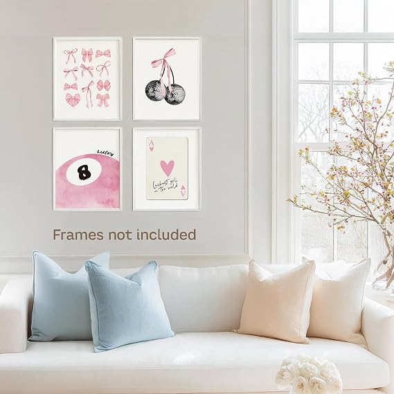 Kaderas Pink Coquette Posters Preppy Wall Art Prints Set of 4, Aesthetic Room Decor Pink Bow Disco 8 Ball Cherry for Girls Bedroom Dorm, 8x10 Unframed
