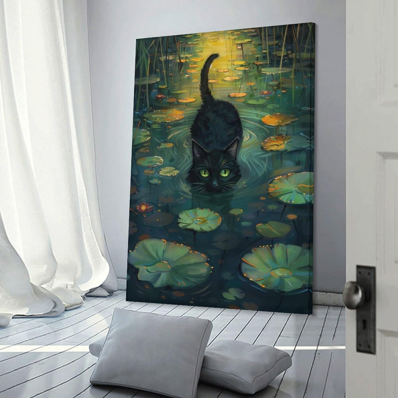 Junmoney Frame-Style-9-1 Black Cat In A Lake Home Decor Wall Art 20X30inch(50X75cm), For Gallery Wall Layouts In Home Or Office, A Versatile Canvas Print For Layering