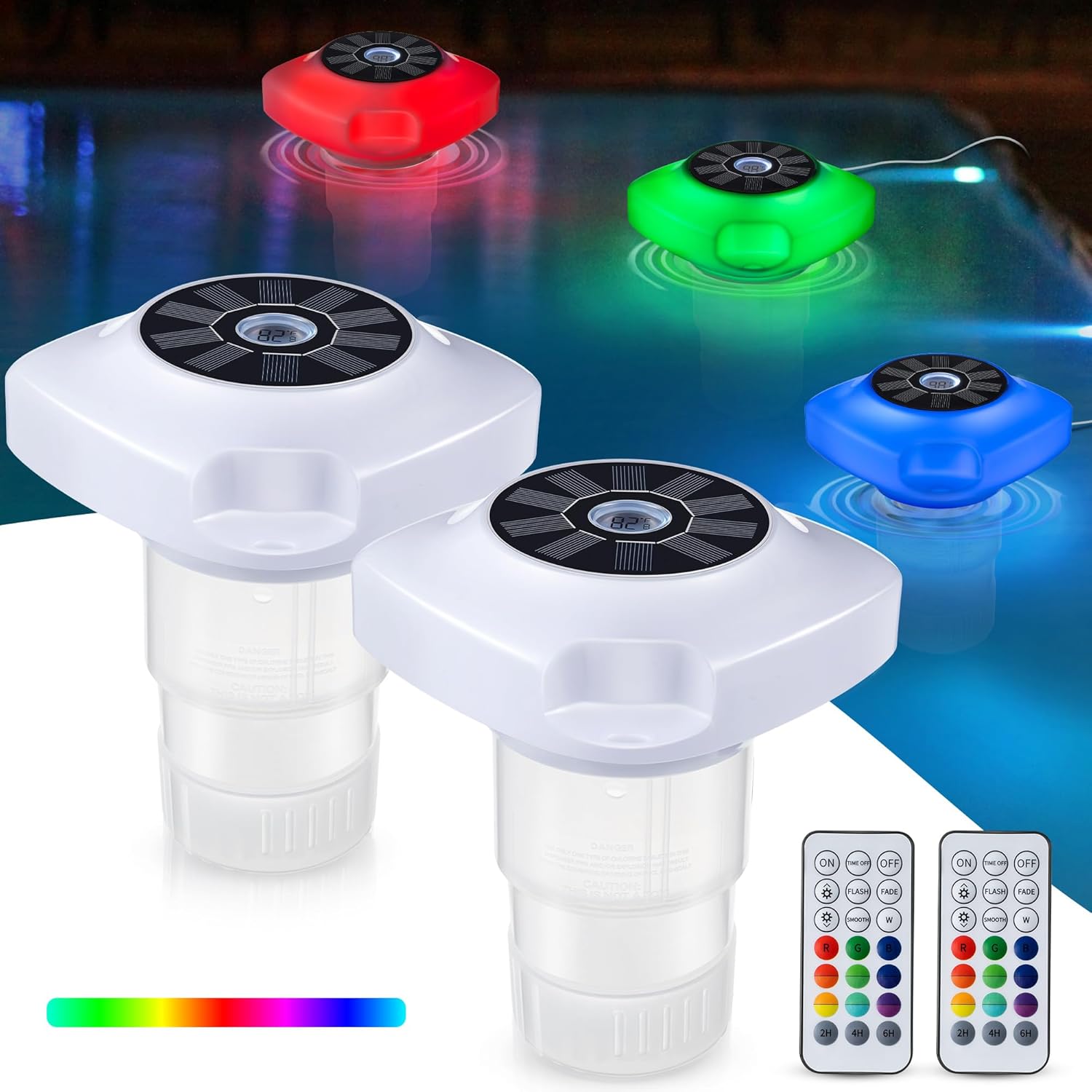 Enhon Pool Chlorine Floater Dispenser with 158? Thermometer and RGB Solar Lamps Remote Control, Floating Pool Chlorine Dispenser for 3'' Chlorine Tablets, Pool Chlorine Holder for Spa, Pool (2 Pcs)