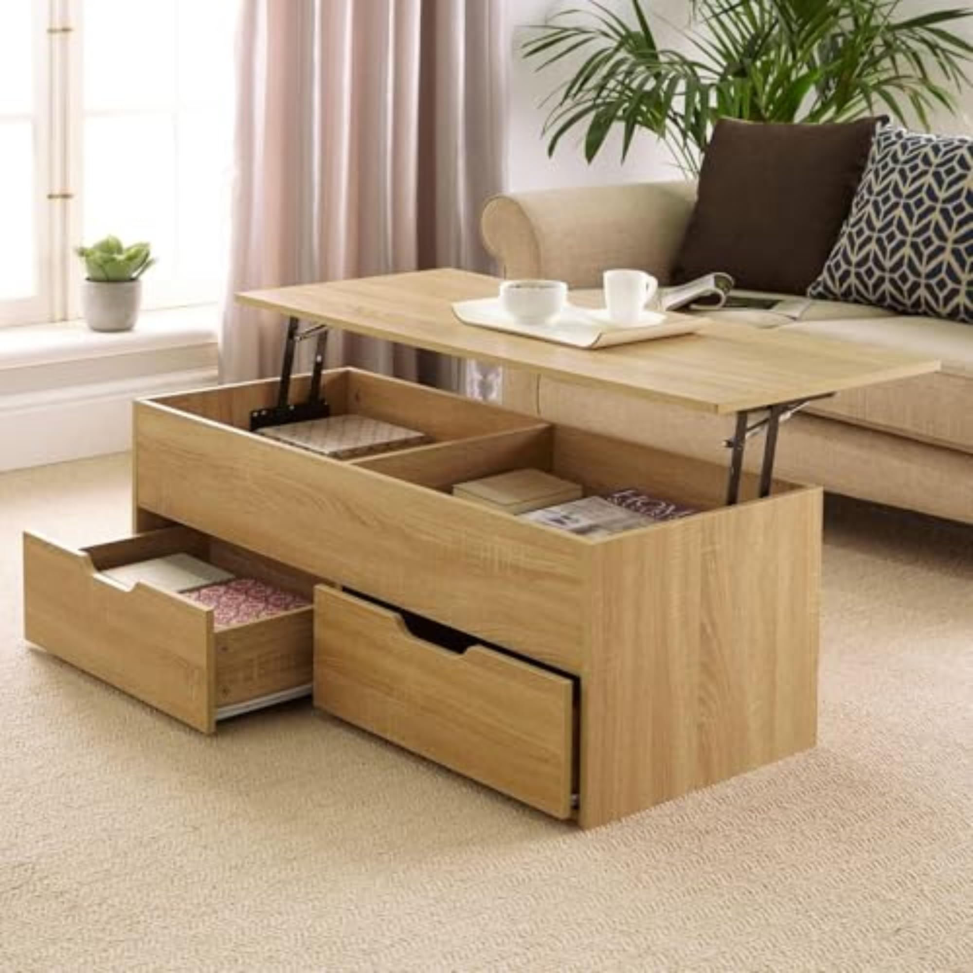 Home Source Wooden Coffee Table with Lift Top - 2 Storage Drawers - Light Oak