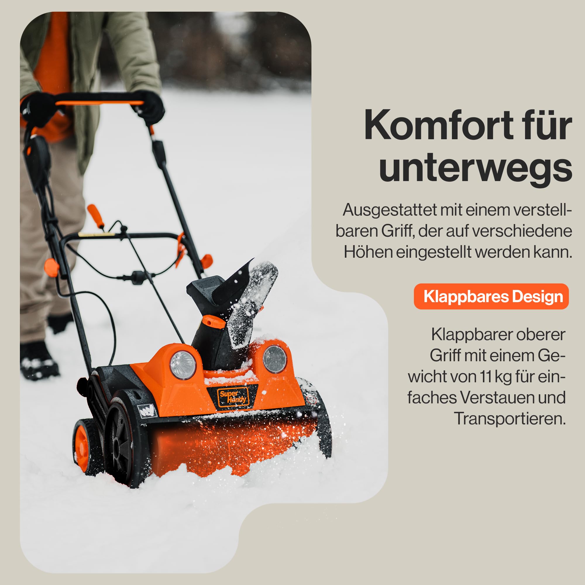 SuperHandy Elektrische Schneefräse mit Kabel, 46×25 cm Räumbreite, 7 m Wurfweite, 320 kg/Min Kapazität, LED-Scheinwerfer, ideal für Einfahrten, Gehwege und Höfe