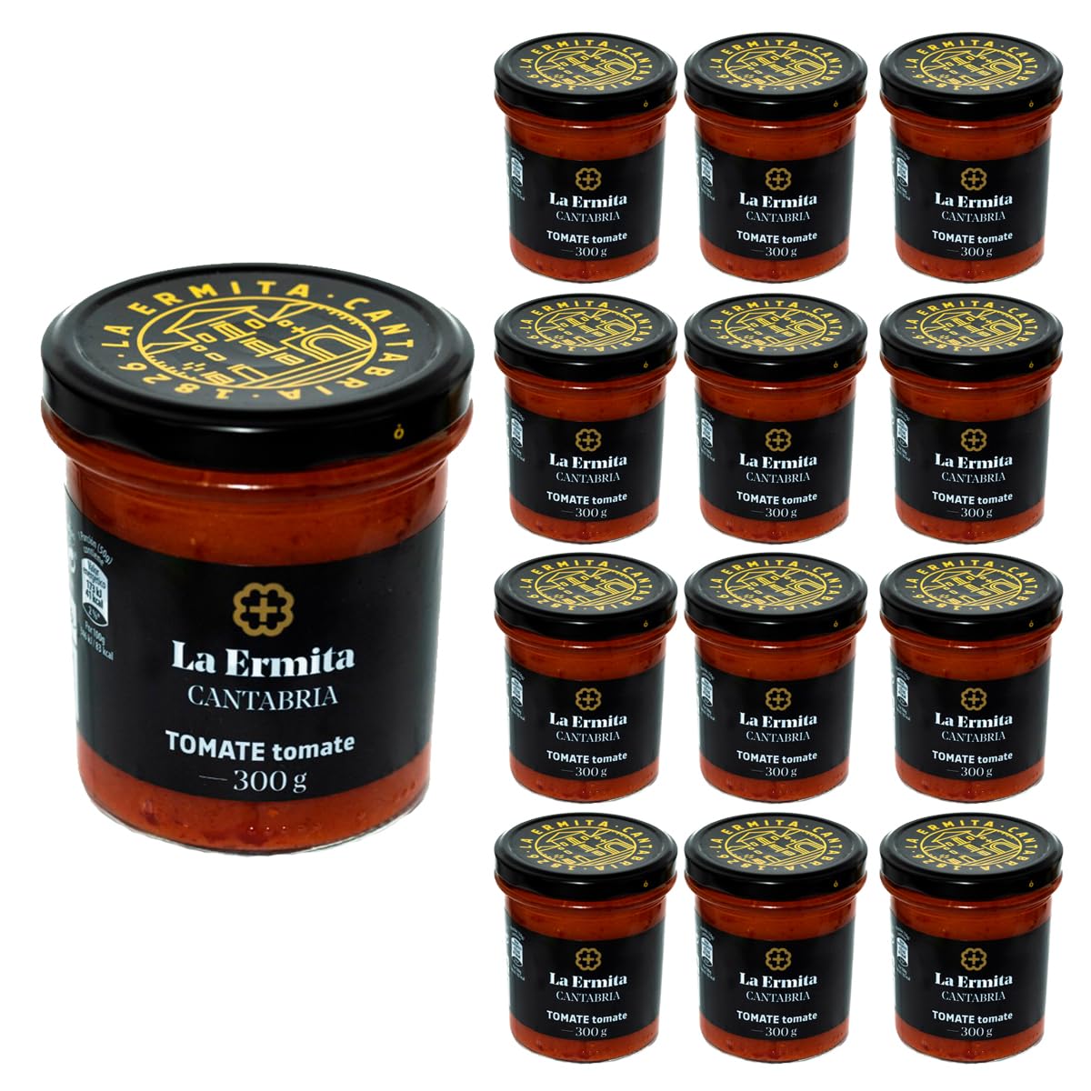 LA ERMITA Salsa de Tomate, Con 80% Tomate Natural, Cebolla, Ajo y Aceite de Oliva, Sin Conservantes ni Gluten, Tarro de Vidrio 300 g (Pack 12 unidades)