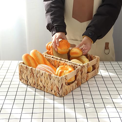 Miniatura 6 de YAHUAN Cestas tejidas de jacinto de agua para organizar, cestas rectangulares de mimbre con asas integradas, cestas de almacenamiento pequeñas para