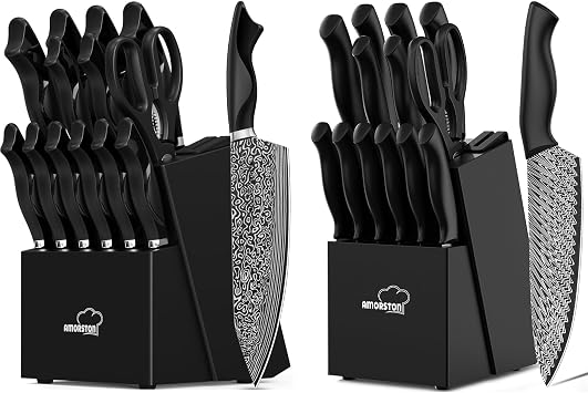 Amorston Knife Set, 15 Pieces Kitchen Knife Set with Built in Sharpener and 15 Pieces Kitchen Knife Set