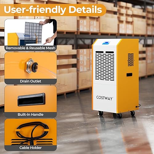 Miniatura 7 de COSTWAY Deshumidificador comercial de 290 pintas con bomba, deshumidificador industrial con manguera de drenaje, temporizador de 24 horas y ruedas