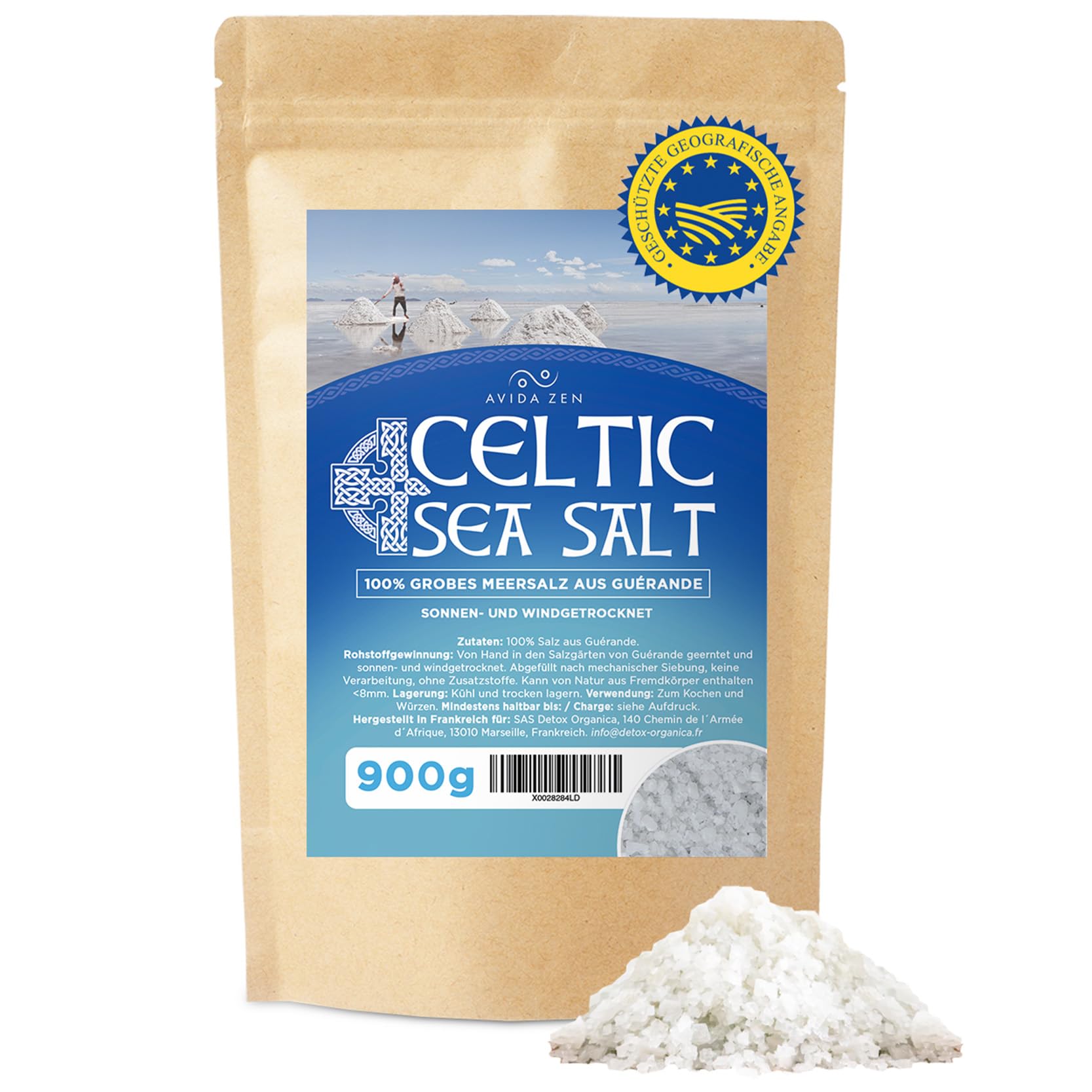 AVIDA ZEN Celtic Sea Salt, 900g keltisches Meersalz aus Guérande, Echtes graues Salz, handgeerntet und wind- und sonnengetrocknet, celtic salt original, reich an Mineralien