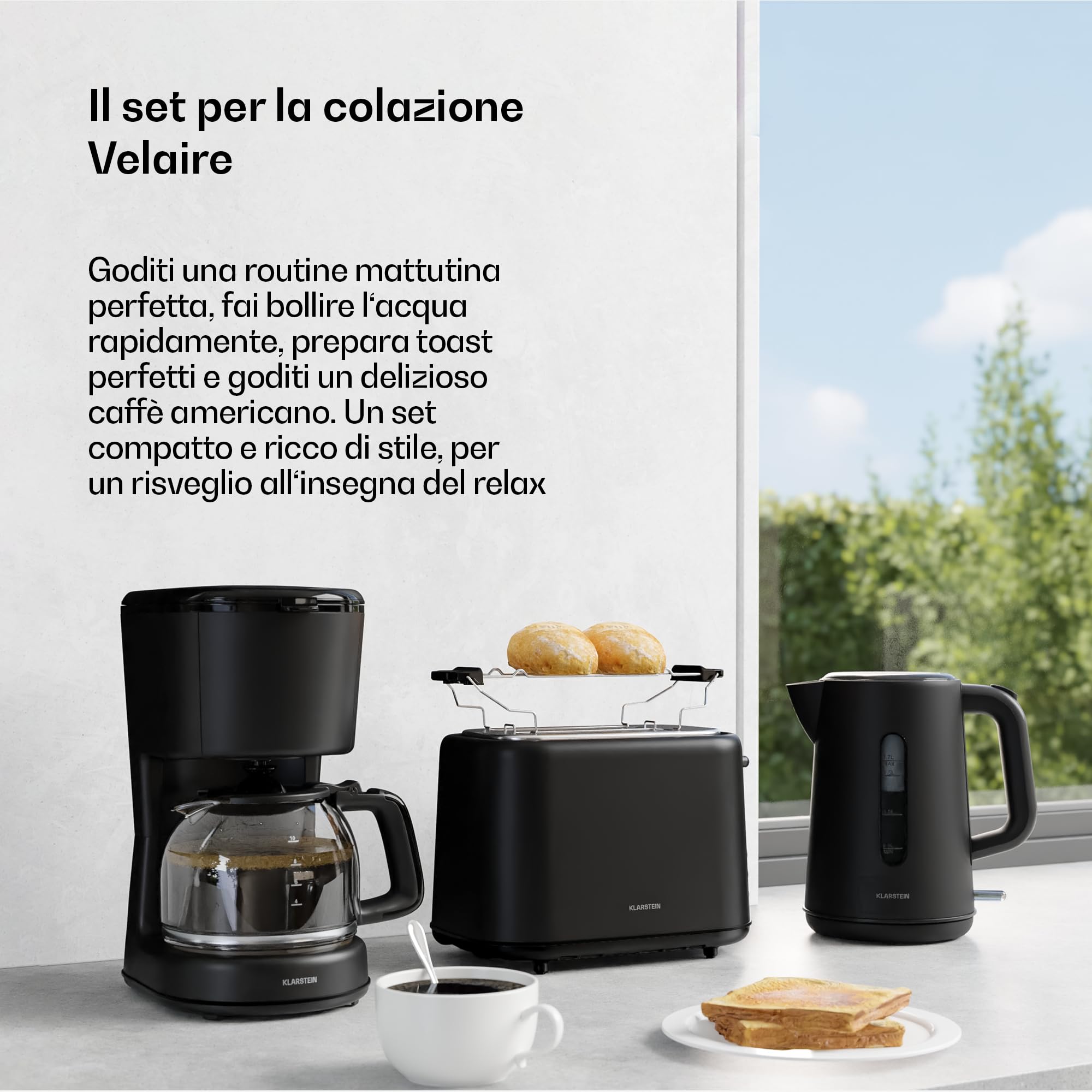 Klarstein Velaire Set per la Colazione Completo – Tostapane 2 Fette 7 Livelli, Bollitore Elettrico 1,7L, Macchina da Caffè con Filtro 10 Tazze, Design Moderno, Supporto Panini