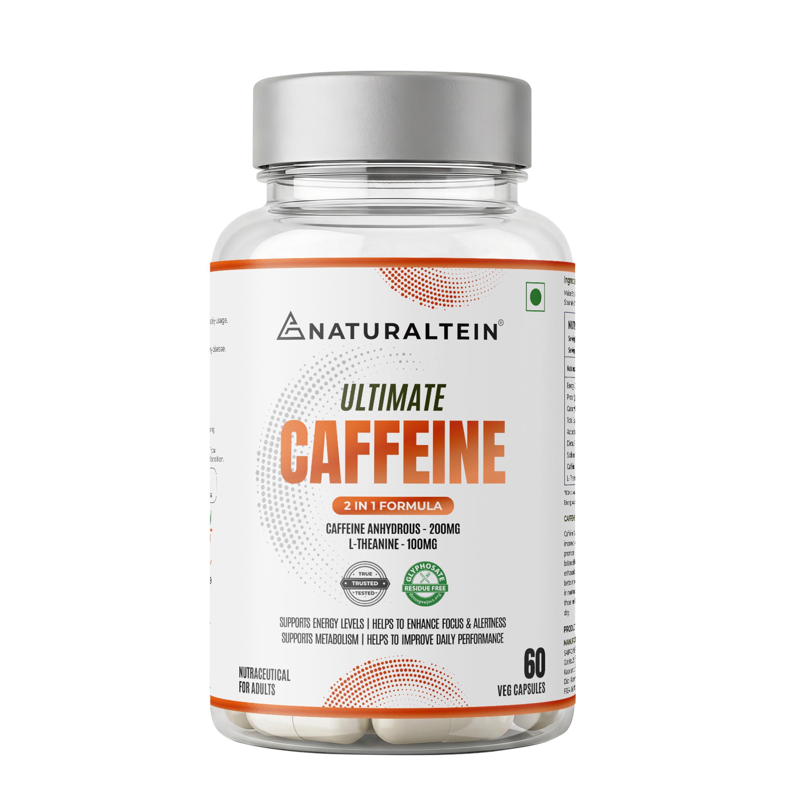 NATURALTEIN Ultimate Caffeine with L-Theanine | 100mg Caffeine + 100mg L-Theanine | Energy, Focus & Alertness Support | 2-in-1 Formula | 60 Veg Capsules