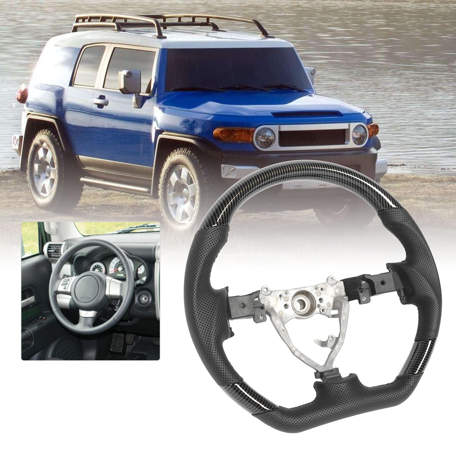 Cryfokt Wytrzymała Kierownica z funkcją Hydropoślizgu o Ergonomicznej Konstrukcji do FJ Cruiser 2007-2017, Błyszcząca Powierzchnia, Lepszy Chwyt dla Bezpieczniejszej Jazdy (Wygląd włókna węglowego)