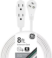 GE 3-Outlet Flat Extension Cord 8ft Grounded White - UL Listed Tamper Guard Indoor Outlet Extender Power Strip 50251