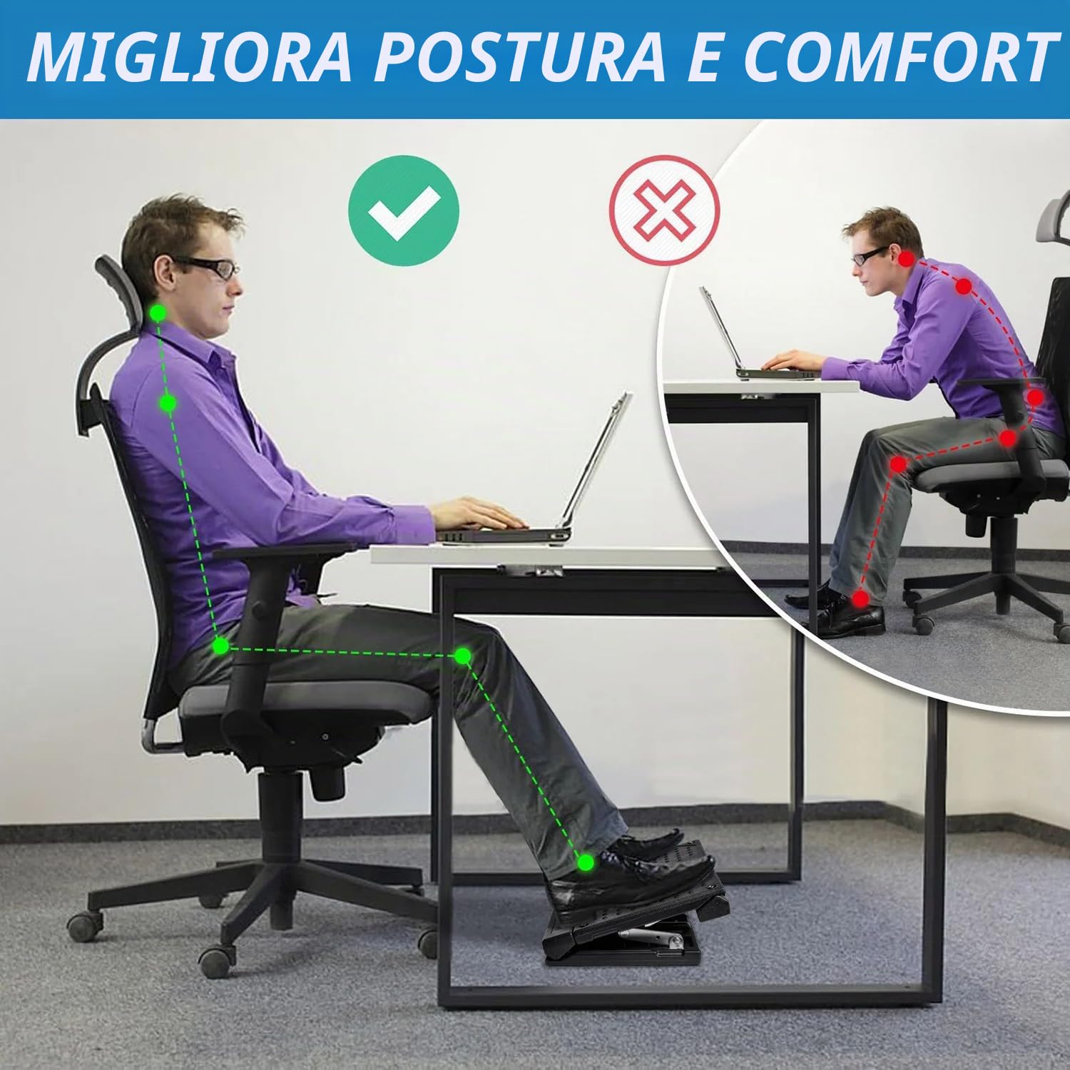 Poggiapiedi da Scrivania con Massaggio, 4 Altezza Poggiapiedi Sgabello con Tappetini Morbido, Poggiapiedi Ergonomico Pieghevole per Ufficio per Schiena, Ginocchia, Piede in Rilievo