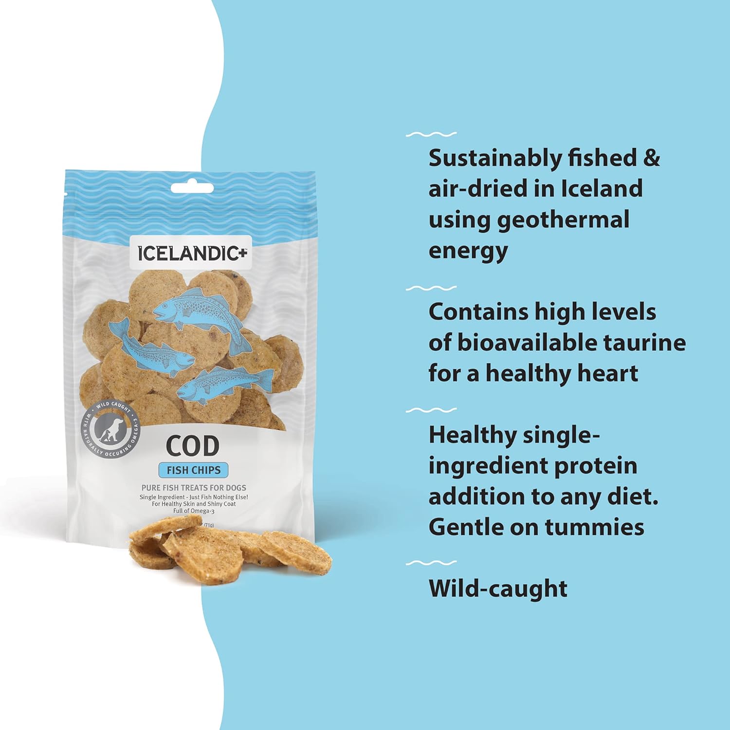 Icelandic+ Fish Chips: Cod - 2.5oz Bag,Dog Treats,Pure Wild-Caught & Air-Dried,Ingredient Crunchy Pet Snacks,Just The Fish Nothing Else,(Pack of 2)