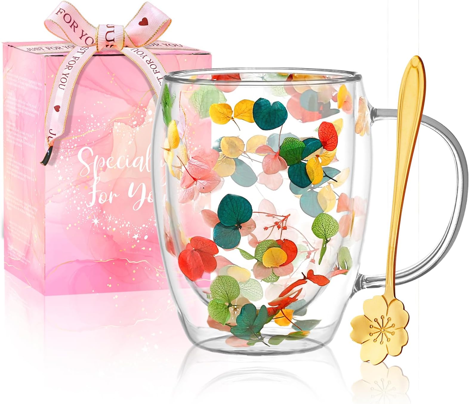 Arefen Gifts for Women Dried Flowers Double Wall Glass Coffee Mugs Cute Glass Tea Cups with Handles Christmas Birthday Gifts for Best Friend Teacher Mum Gifts New Home Gift Ideas Autumn Mug Home Decor