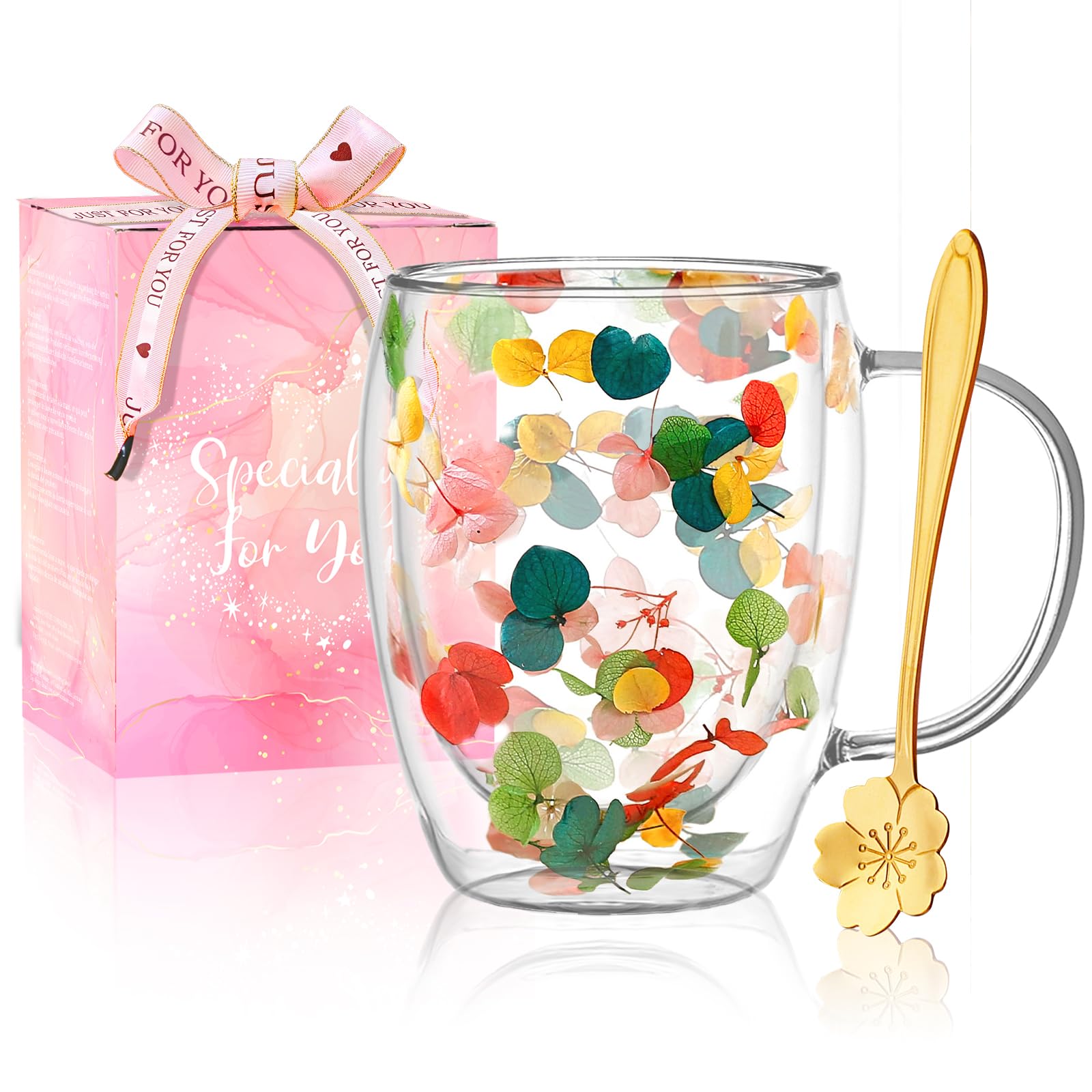 Gifts for Women Dried Flowers Double Wall Glass Coffee Mugs Cute Glass Tea Cups with Handles Christmas Birthday Gift for Best Friend Teacher Mum Gifts New Home Gift Ideas Autumn Mug Home Decor