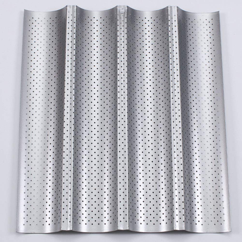 Baguette Baking Tray, Nonstick Wave Mould Fast and Evenly Heating, Perforated Baguette Kitchen Gourmet Making Pan, Baking Sheet, for French Bread, Stick Bread, Toast Maki(Silver 4 Baguettes-1Pcs)