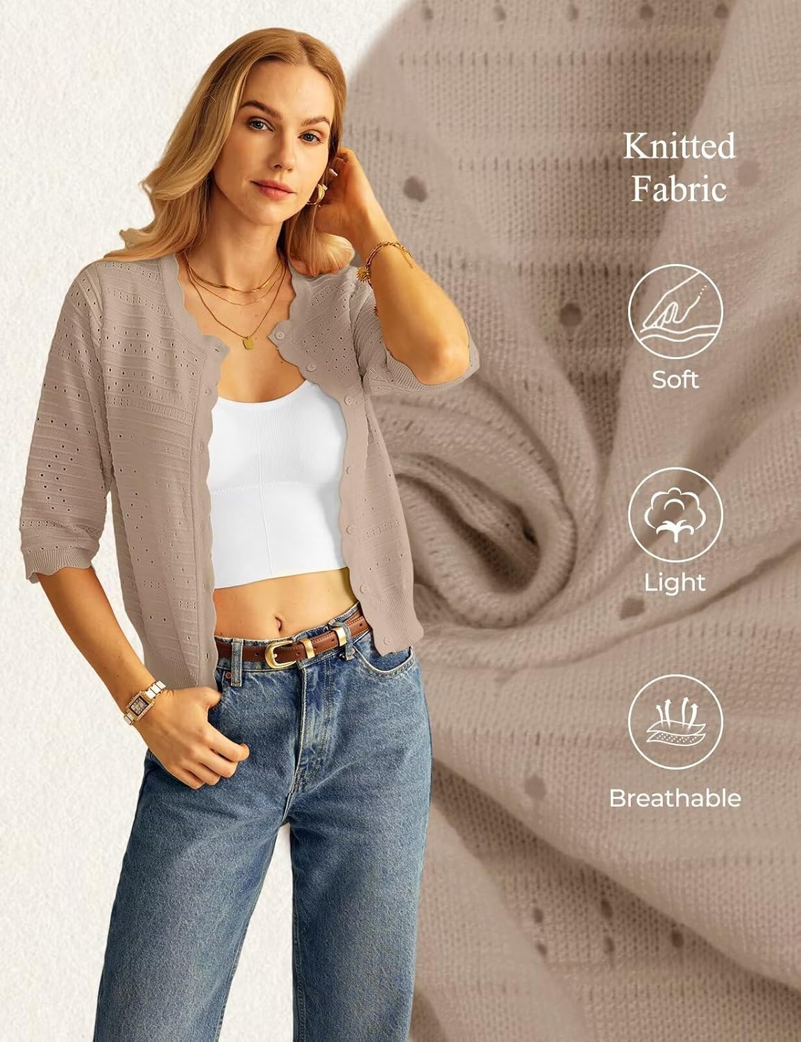 GRACE KARIN Womens 3/4 Sleeve Cardigan Sweater, Lightweight Cropped Cardigan Trendy, Dressy Casual Crochet Bolero Shrugs - Image 5