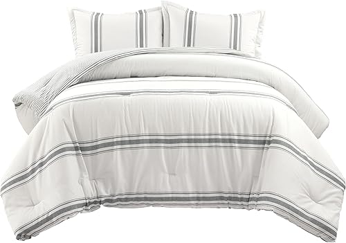 Miniatura 9 de Lush Decor Juego de edredón reversible de algodón de 3 piezas a rayas rústicas, decoración clásica y moderna para dormitorio, tamaño