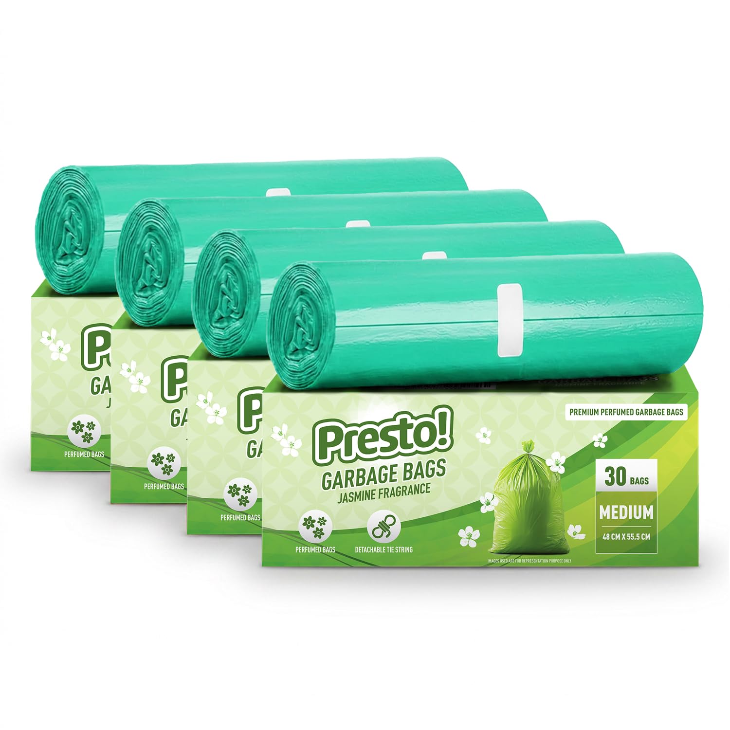 Amazon Brand - Presto! Premium Perfume Garbage Bags on Roll with Tie String | Medium | 19x22 Inch | 120 Count | 30 X 4 Packs | Green-image-16