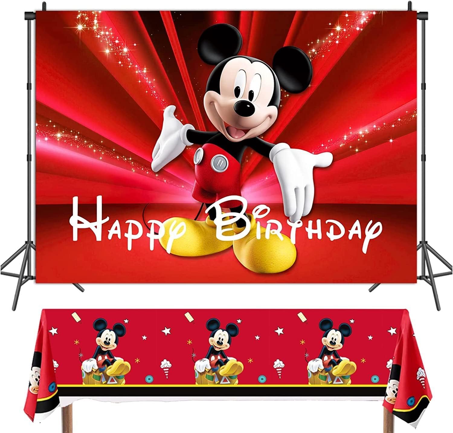 Mouse Themed Backdrop and Tablecloth Happy Birthday Party Supplies Cartoon Vintage Black and Red Background for Kids First Birthday Sparkly Red Backgrounds Tablecover (6x4ft)
