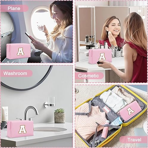 Miniatura 6 de Bolsa de maquillaje preppy inicial personalizada Pequeña bolsa de carta de chenilla de viaje linda, Rosado