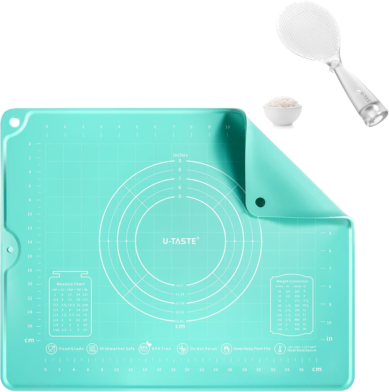 U-Taste 16"x20" Food-Grade Liquid Silicone Pastry Mat (Aqua Sky) and 329°F Heat Resistant Rice Spoon Paddle Scooper (Transparent)