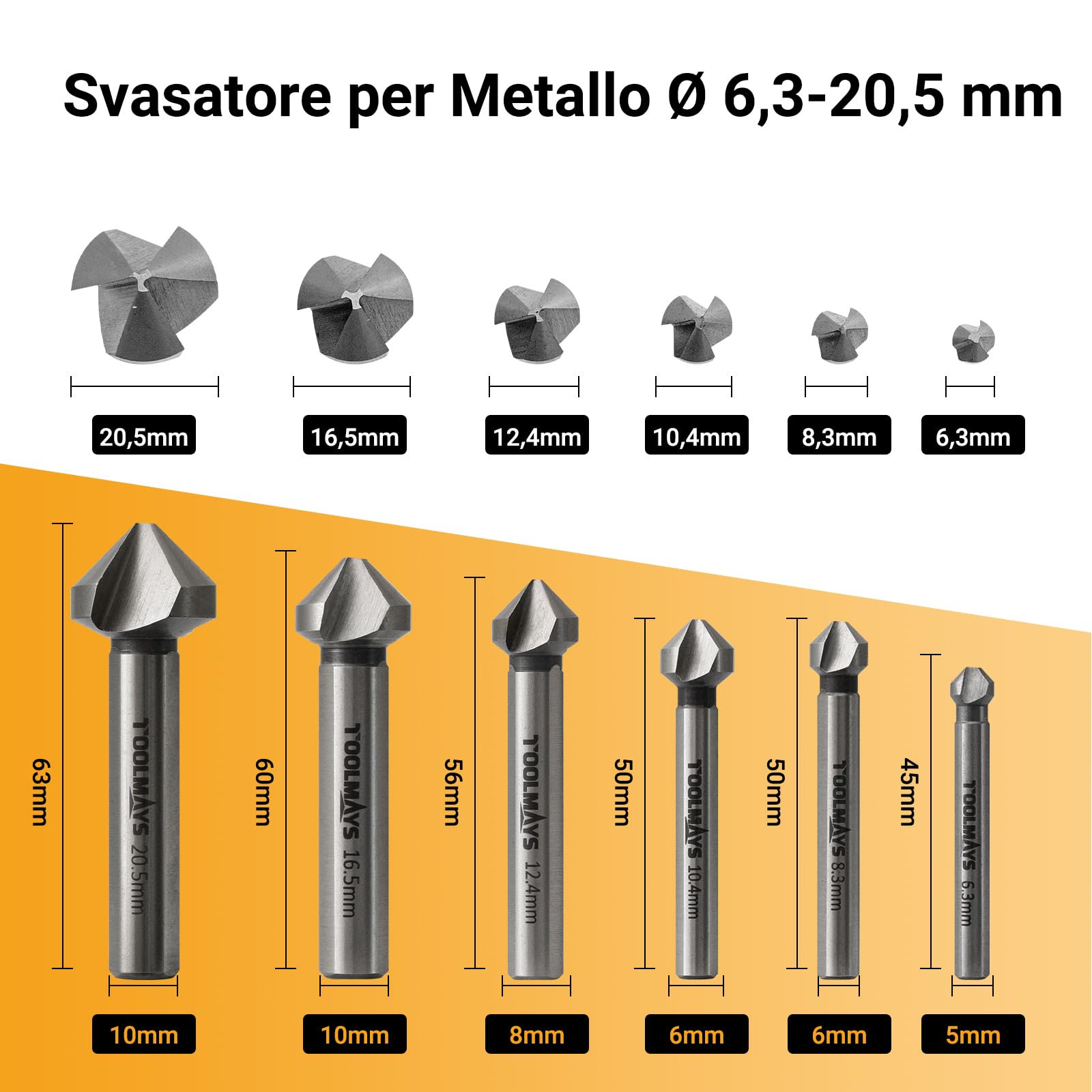 Svasatore per Metallo M35 Cobalto Ø 6,3-20,5 mm | Set Svasatori per Legno 90° HSS-E 3 Taglienti 6pcs per Acciaio Inox, Ferro, Alluminio, Rame, Plastica