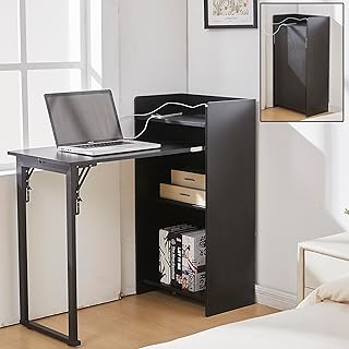 Fold Out Desk with Storage and Built-in Outlet, Mid Century Foldable Des...