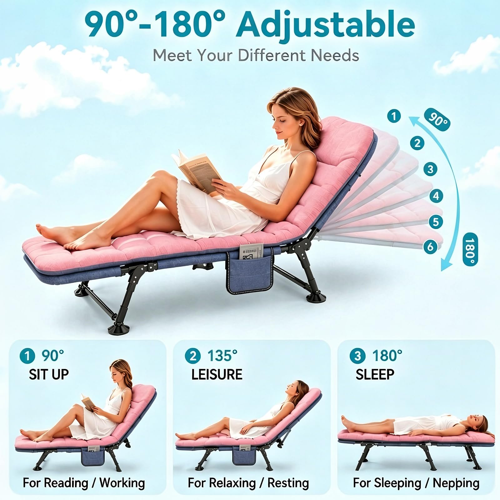 Lit de camp pliable avec coussin de nuque et poche latérale - 190 x 65 x 30 cm - Charge maximale : 150 kg - Pliable - Léger - Compartiment réglable - Lit d'invité pliable pour jardin, voyage