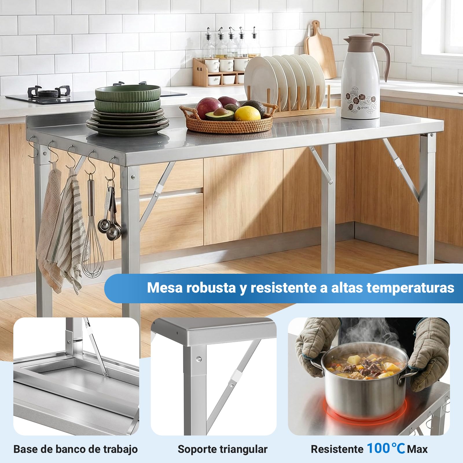 TLSUNNY Mesa de Acero Cocina Inoxidable Plegable 120x60cm, Mesa de Trabajo Inoxidable Gastronomía con 5 Ganchos, Patas Ajustables,Capacidad 250kg,Mesa de Cocina Preparación de Comida para Restaurante