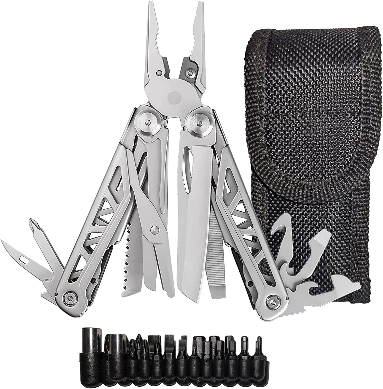 EPG Heavy Duty Multitool Bundle: Leather Case, Multi-Function Flashlight, Screwdriver Bits, 18 Stainless Steel Locking Tools, EDC Gear with Pliers, Bottle Opener, Box Cutter and More, Fits in Pocket
