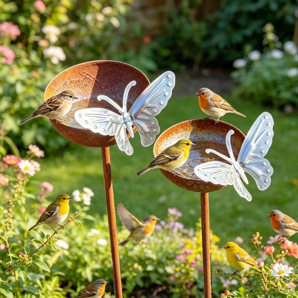 Outdoor Wildlife Water Cup Stakes with White Butterfly Metal Bowl Pair