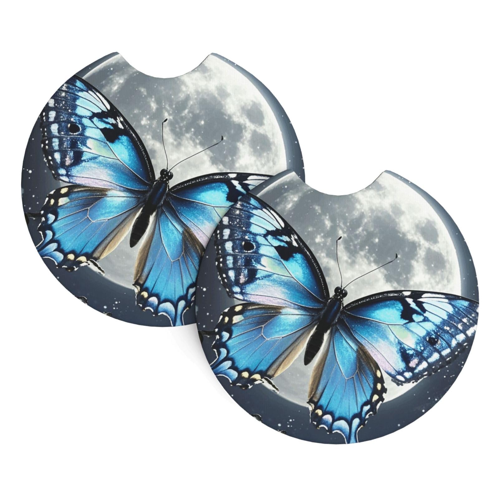 2 Pack Car Coaster for Cup Holders Blue Butterfly and Moon Car Cup Coaster 2.7" Neoprene Non-Slip Automotive Cup Mat Universal Auto Car Interior Accessories for Women Men Cup Pad