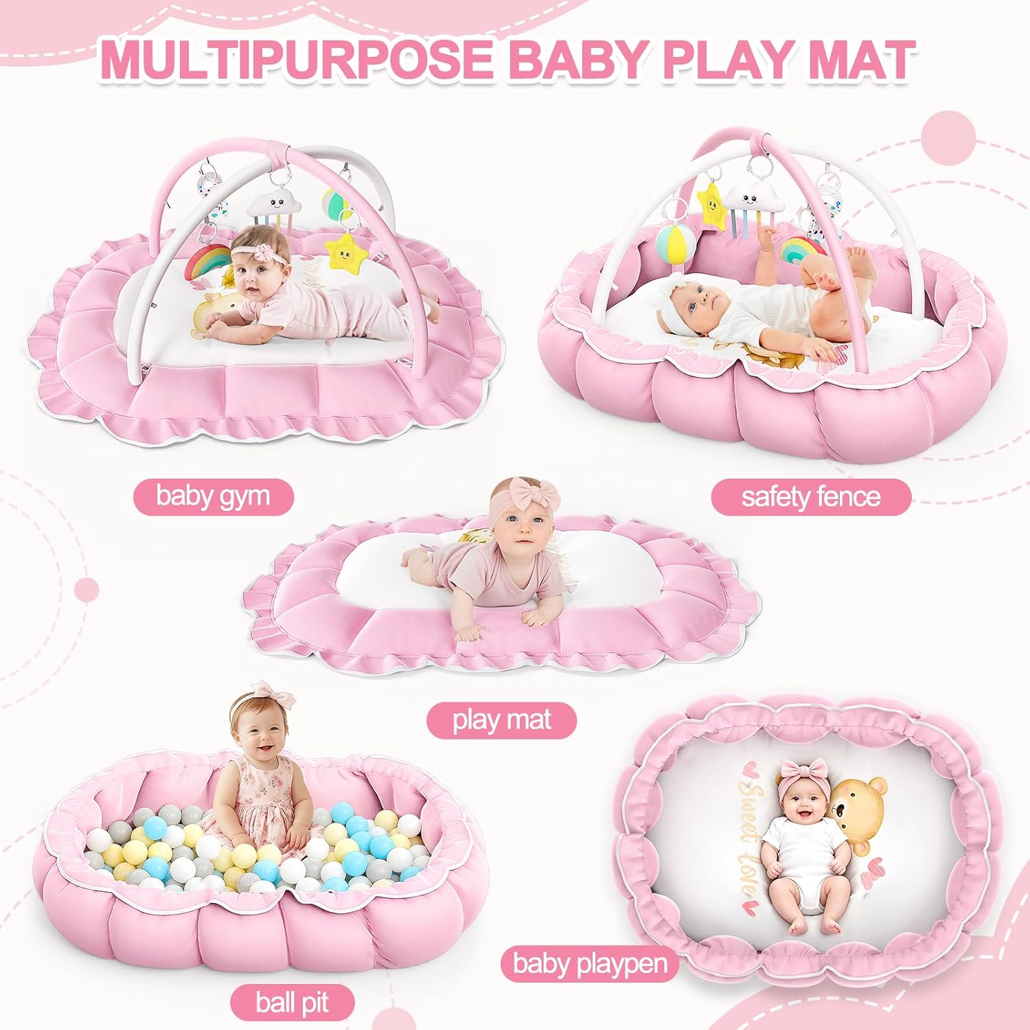 OCATO Baby Play Mat Gym: Baby Girl Gifts Tummy Time Mat Baby Play Gym Thick Large Baby Activity Center from Baby to Toddler Skills Development Baby Essentials Baby Shower Gifts Ball Pit Cat Dog Bed