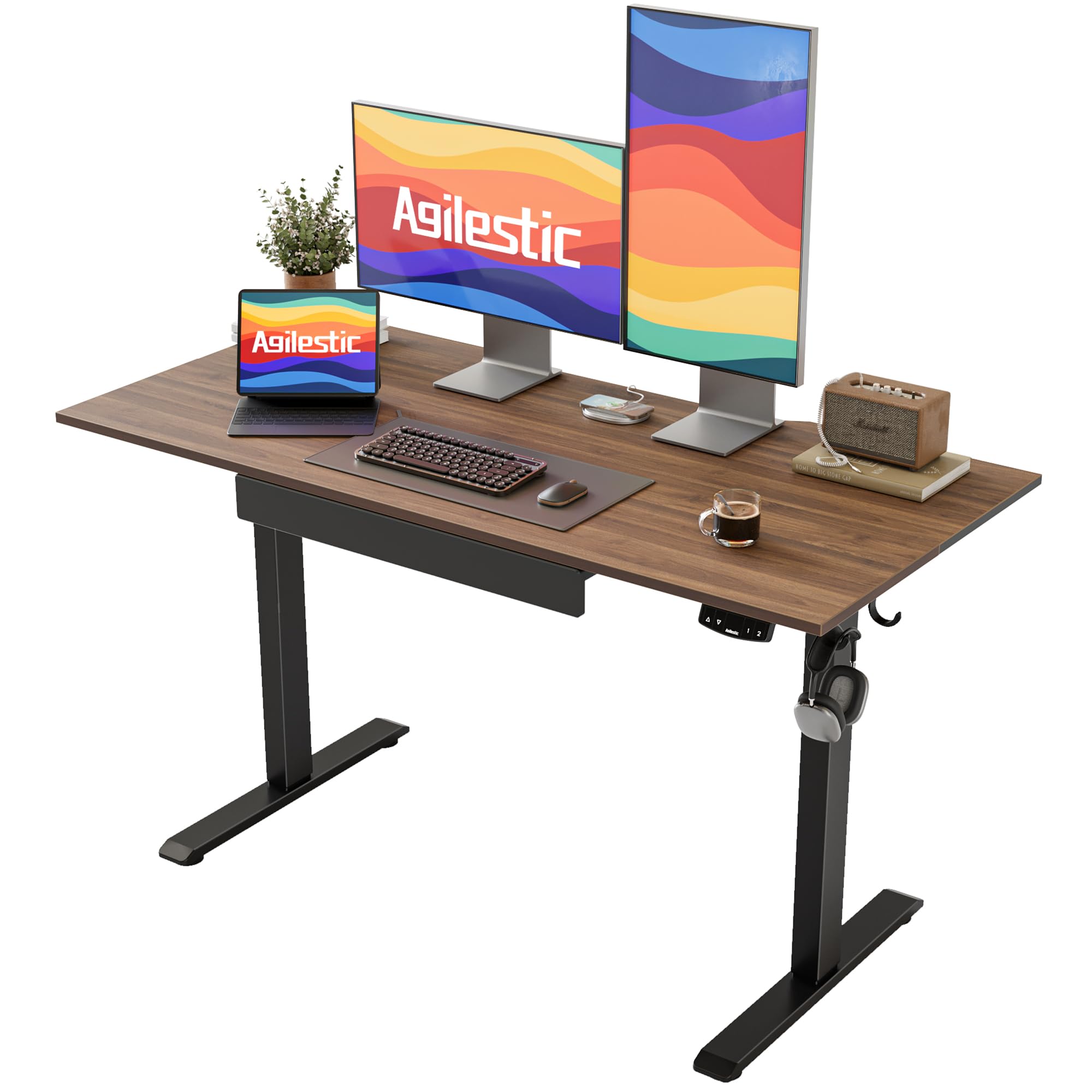 Agilestic Escritorio de pie eléctrico con cajón, Escritorio Regulable en Altura, Escritorio de pie ergonómico 120 x 60 cm de Madera, con preajustes de Memoria para el Trabajo Oficina en casa, Marrón