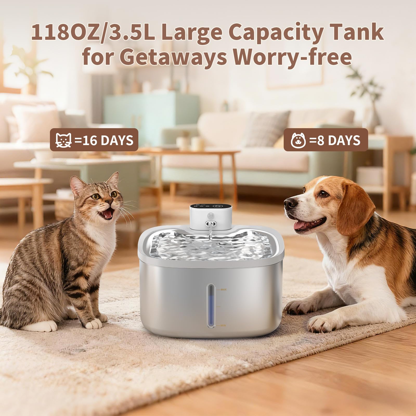 Cat Water Fountain Stainless Steel Wireless 118oz/3.5L–Cordless Battery-Operated Pet Water Dispenser with All-in-One Rechargeable Pump, 3 Smart Flow Modes,Quiet Indoor Fountain for Cats & Dogs - image 5