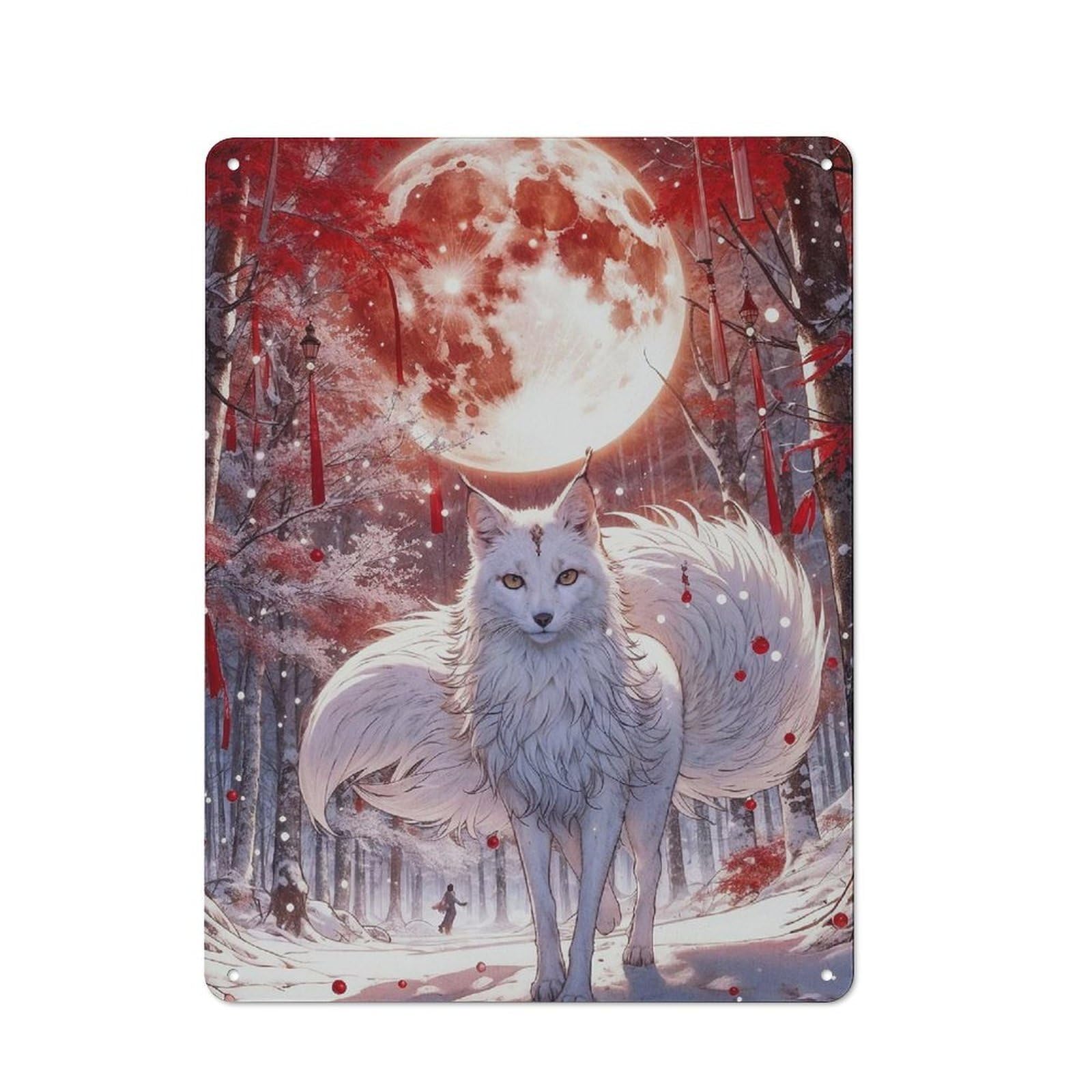 Junmoney Cherry Blossom Wolf-1 Character Decorative Tin Plaque 40X30cm Featuring Cherry Blossom Wolf, Home Wall Decor For Flat, Dorm Room, Lounge Or Cafe