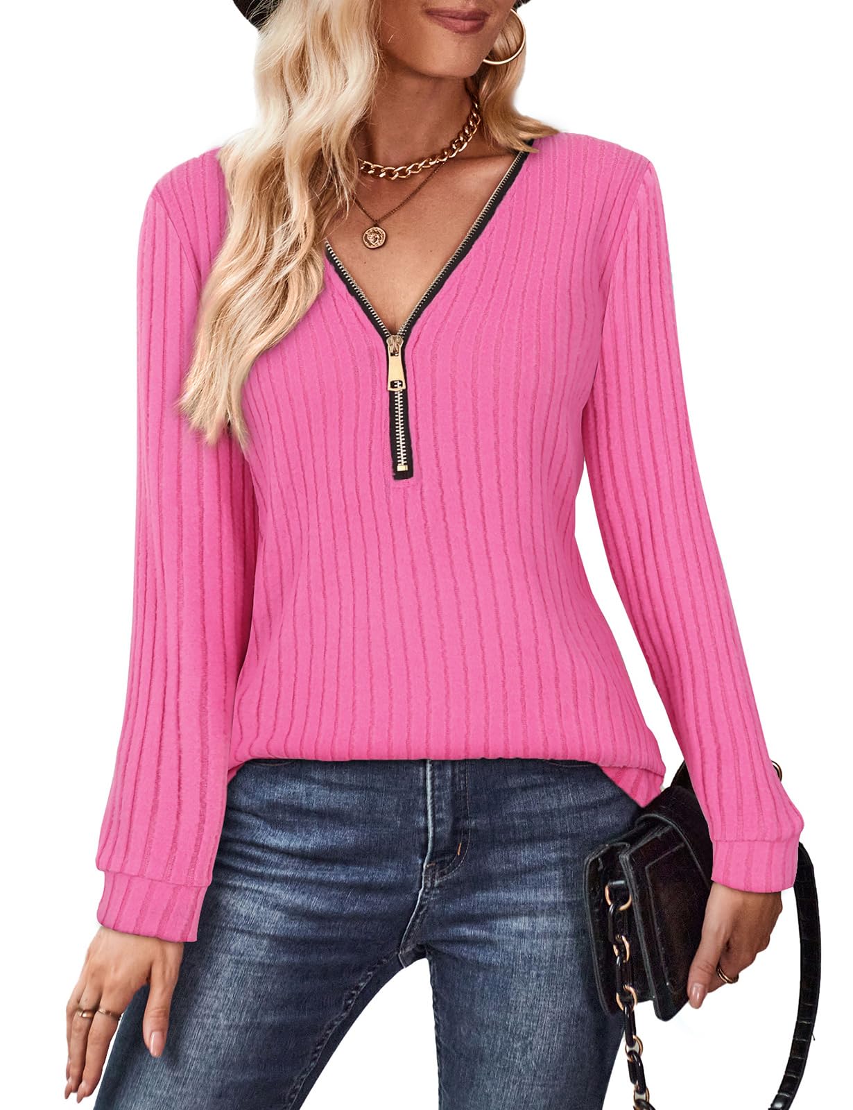 Gemulate Damen-Langarm-Top, leicht, Strickpullover, V-Ausschnitt, Reißverschluss, lässig, gestreift, Sweatshirts, T-Shirt