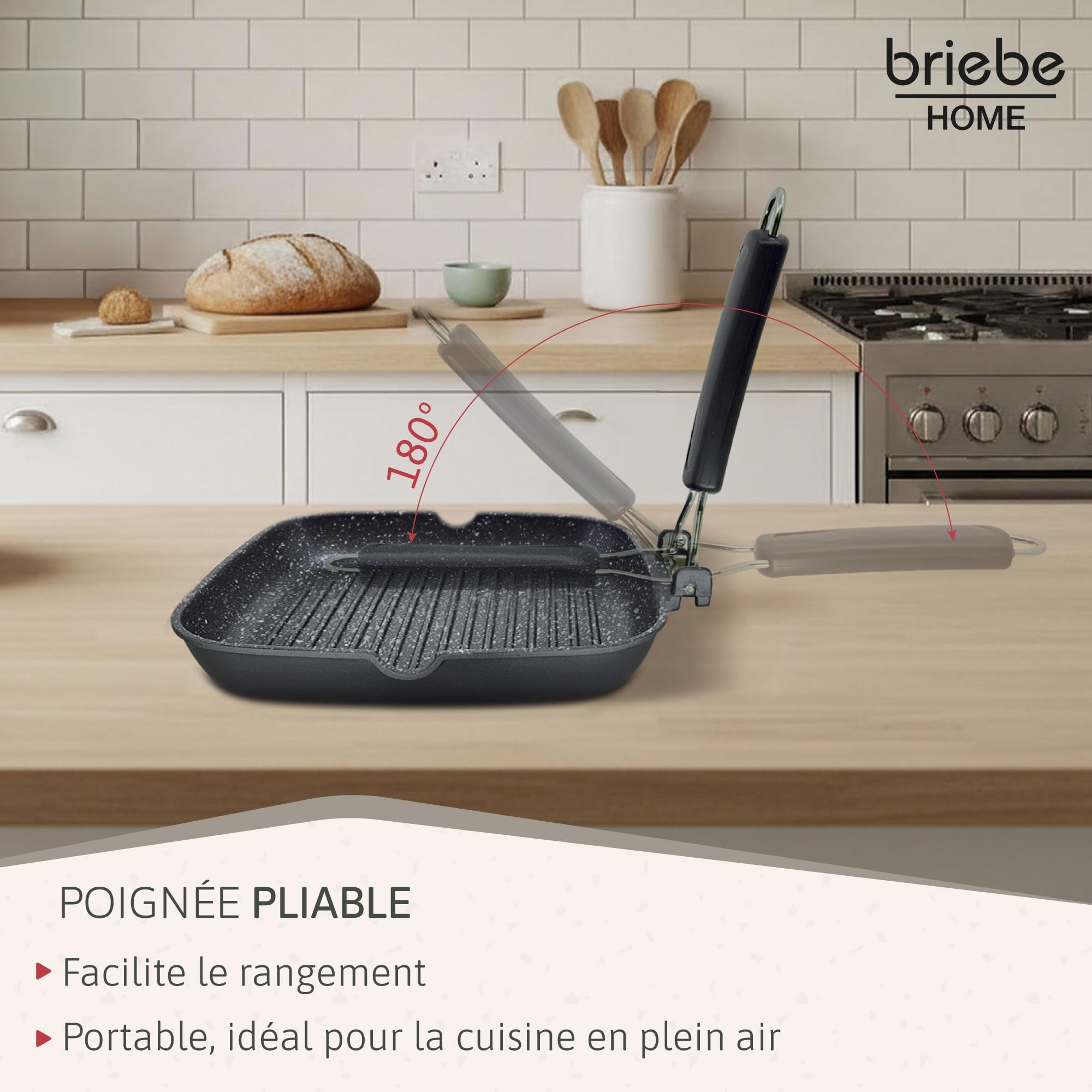 Briebe Black Titanium Grill à rayures, induction, antiadhésif titane, poêle à frire en fonte d'aluminium sans PFOA, manche pliable, vitrocéramique, gaz, 20 x 20 cm