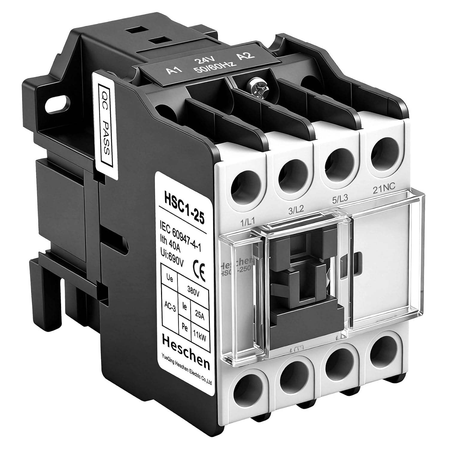 Контактор двигуна Heschen AC Schütz, котушка 24 В змінного струму, 25 A HSC1-2501, 3-полюсні допоміжні контакти 3NO + 1NC, кріплен