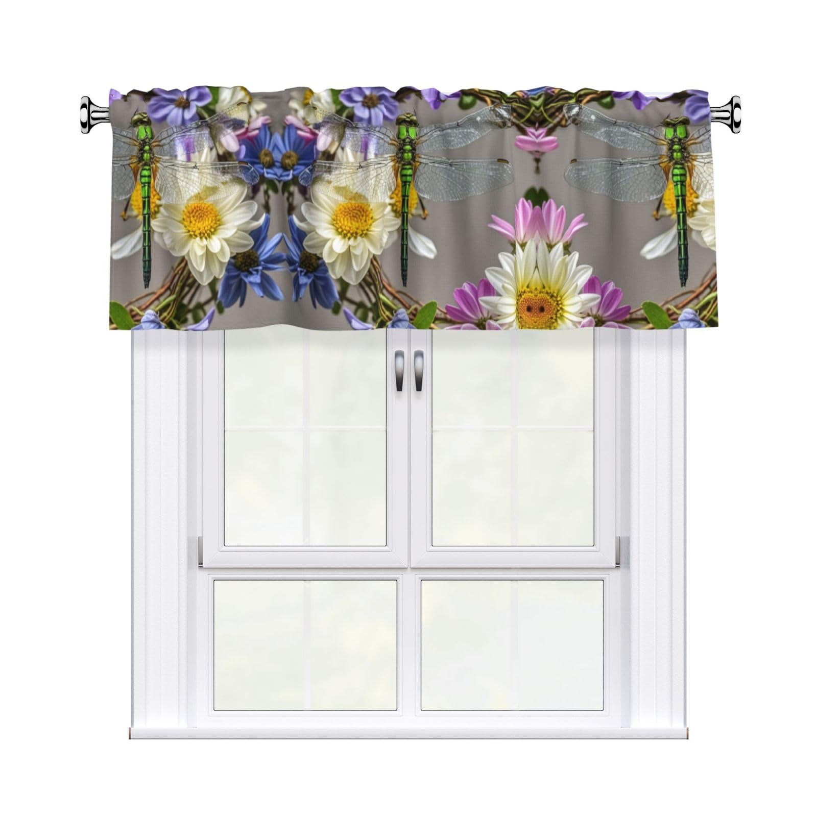 LMNGH Image of Dragonfly in Wreath Curtain Valance for Windows,Kitchen Window Curtains Blackout Drapes Window Treatments Decorative Rod Pocket Short Curtain for Living Room Bedroom,54" W x 18" L
