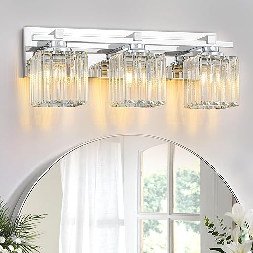 Lámpara de baño de cristal, iluminación cromada de 3 luces sobre espejo con pantallas de cristal, moderna lámpara de tocador de baño para baño,