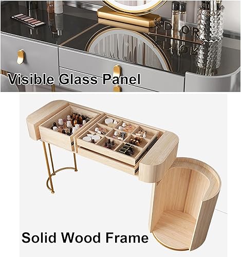 Miniatura 2 de Escritorio de tocador con espejo iluminado y parte superior de cristal, juego de mesa de maquillaje grande con cajones, armario lateral y silla,