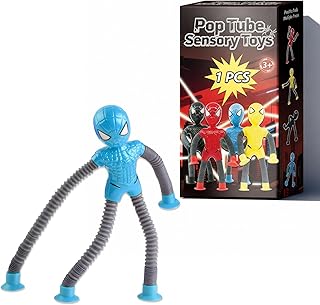 Blue Hero Fidget Toy, Sensory Pop Tube with Suction Cup for Airplane Activities, Stress Relief Gift for Autistic Kids Boys Ages 3-9, Stocking Stuffer