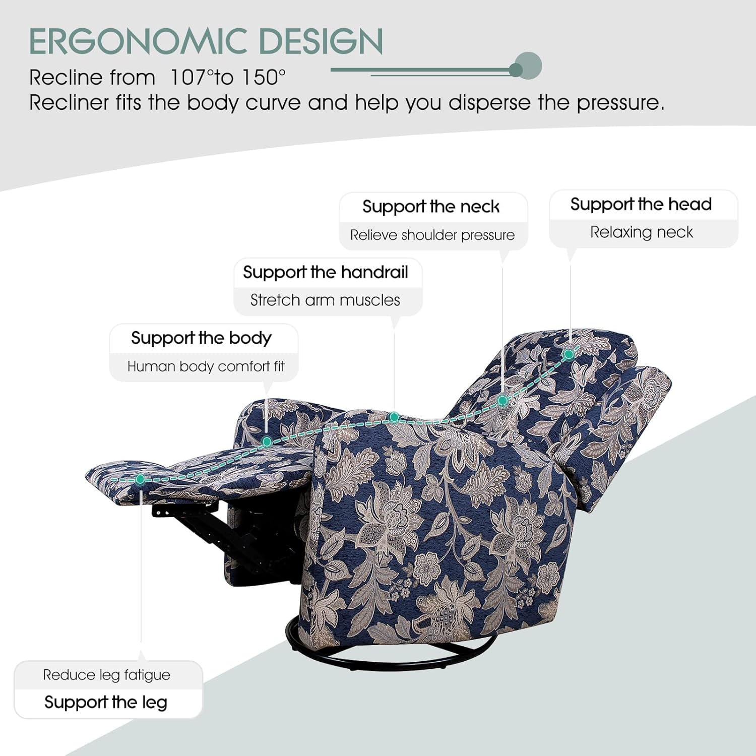 HULALA Home Recliner Chair Modern Printed Fabric for Living Room, Wingback Rocker Recliner Sofa Comfy Armchair 360 Degree Swivel, Nursery Rocking Chairs with Adjustable Backrest & Footrest/Navy